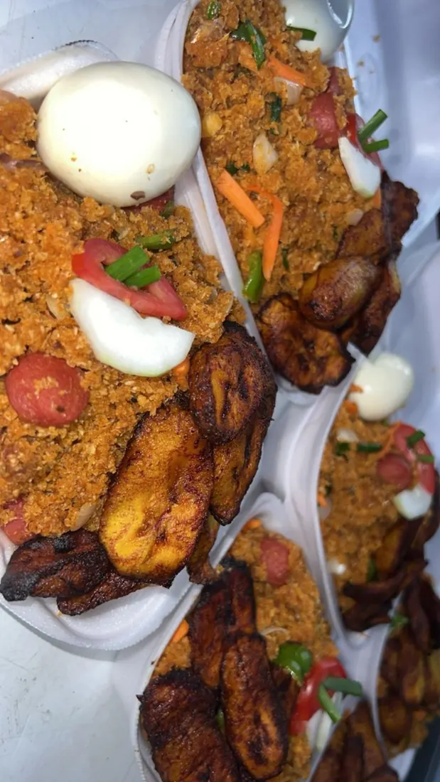 Gari Jollof and Fried Plantain